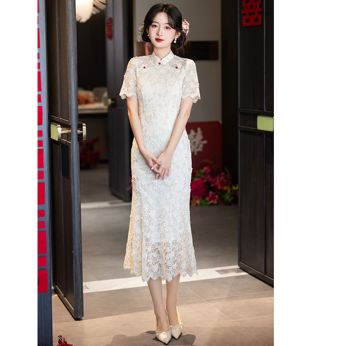 2025年新款订婚服修身旗袍蕾丝日常少女风气质优雅夏季鱼尾