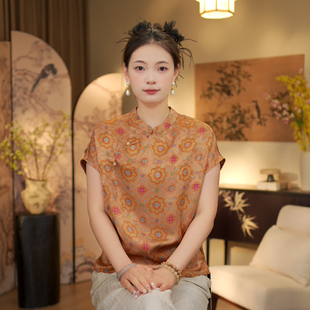 向阳花开 气质百搭盘扣暗纹织花短袖3142