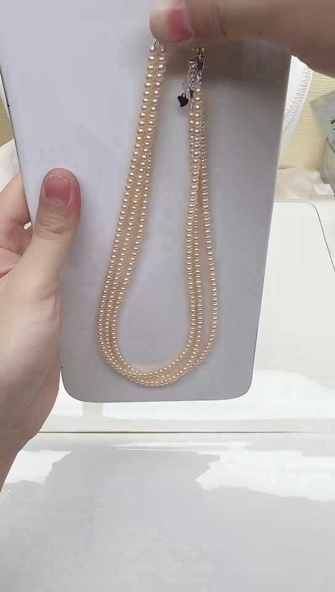 未镶嵌项链淡水珍珠粉色四面光4mm