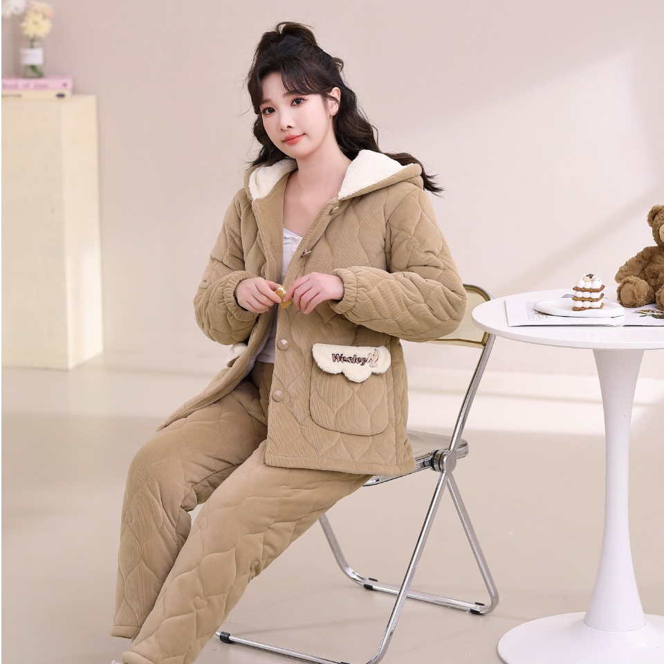 冬款女士休闲睡袍家居服套装女冬加厚加绒羽绒睡衣保暖居家时尚