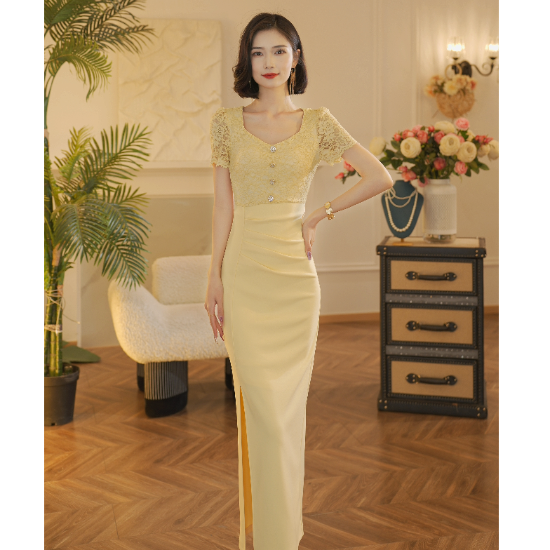 ANANY【黄玫】夏季原创高定气质显瘦显高法式短袖连衣裙C-40840