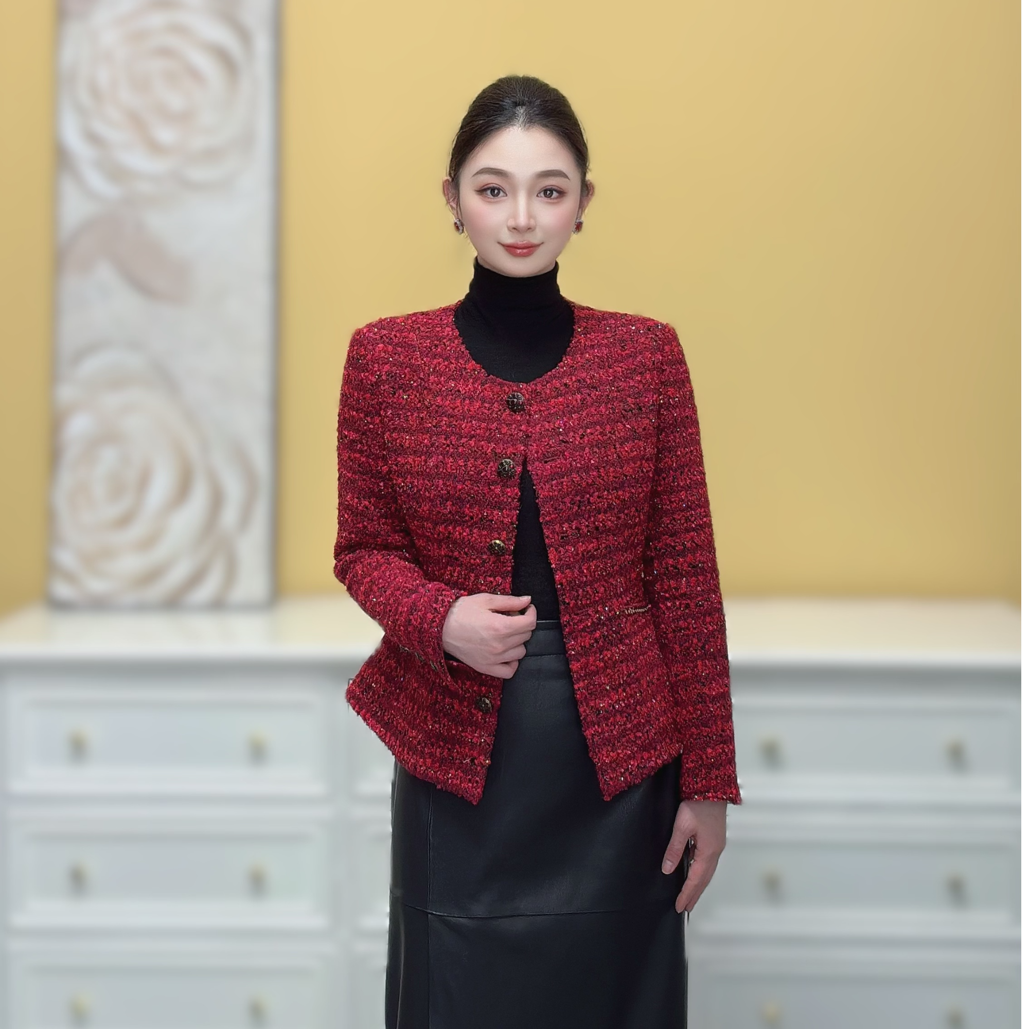 剀剀莉 （岁岁年华）秋冬新品绵羊毛红色圆领精致小香外套 0-15度