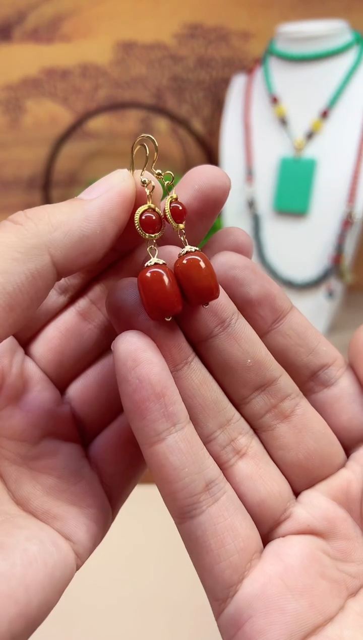 南红玛瑙14K金镶嵌耳饰E183