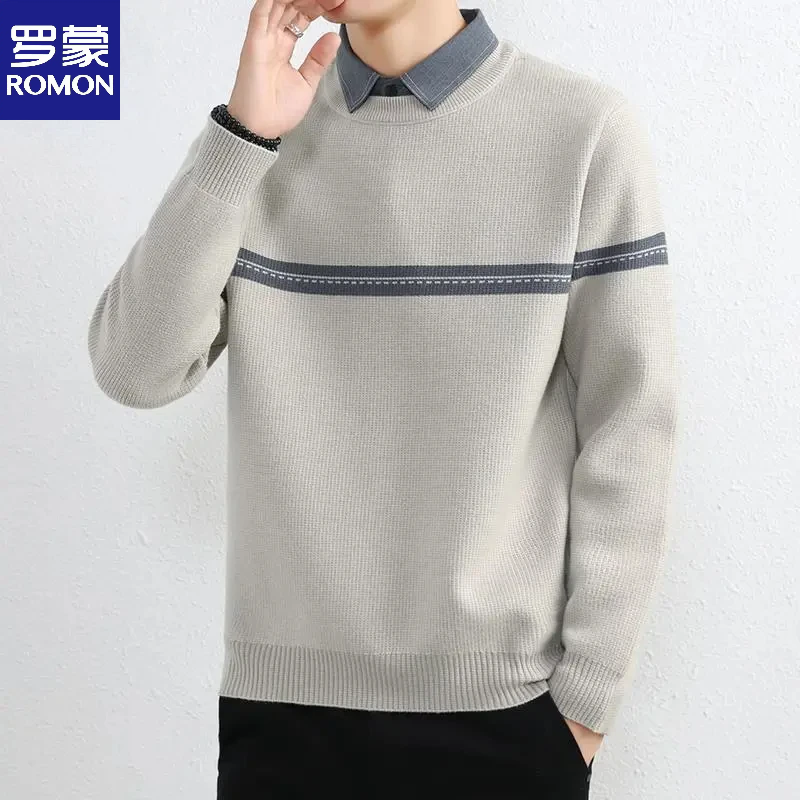 罗蒙撞色假两件毛衣衬衫领线衣秋冬季青年男士加厚高端针织衫上衣