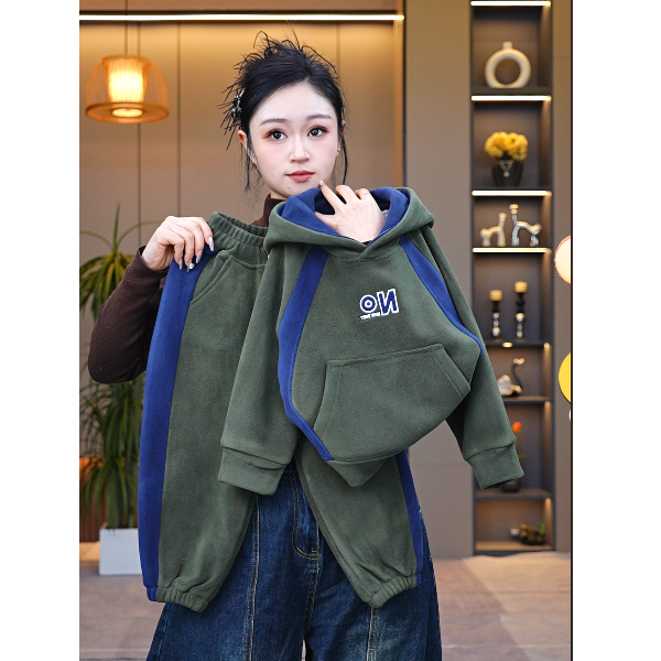 新款冬季男女童加绒加厚时尚百搭休闲长袖长裤宽松连帽套装保暖