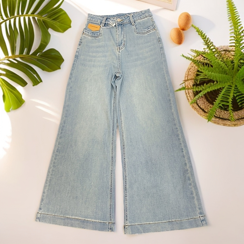春季高腰显瘦直筒牛仔裤休闲通勤设计感阔腿裤蓝色时尚百搭夏季
