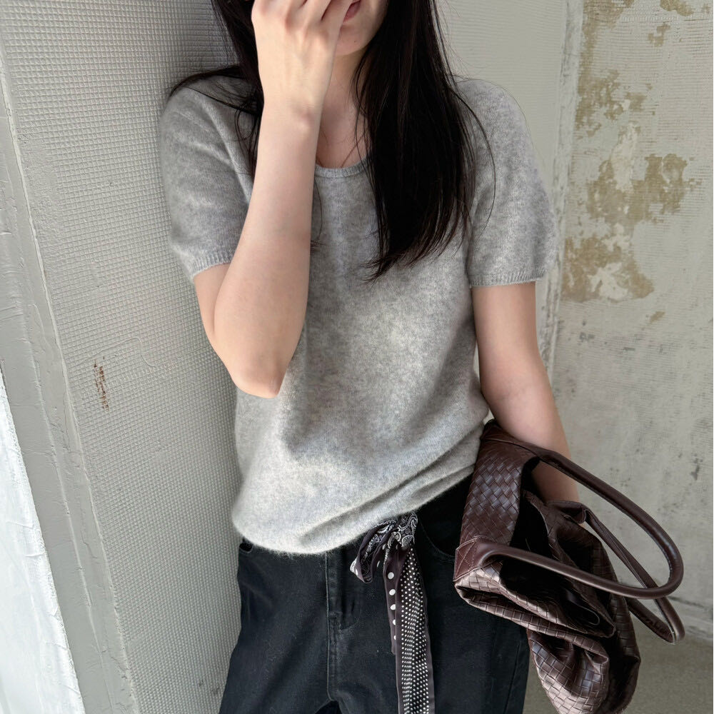 羊毛羊绒女短款圆领拉毛时尚简约纯色短袖