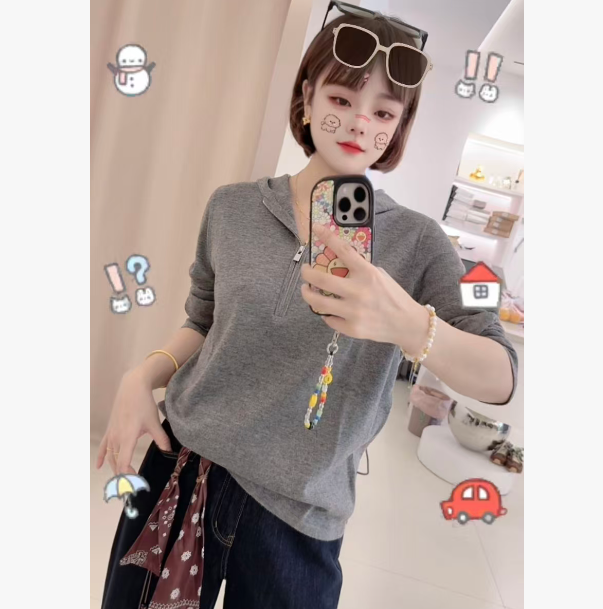 秋季半拉链纯色套头针织时尚帽衫女