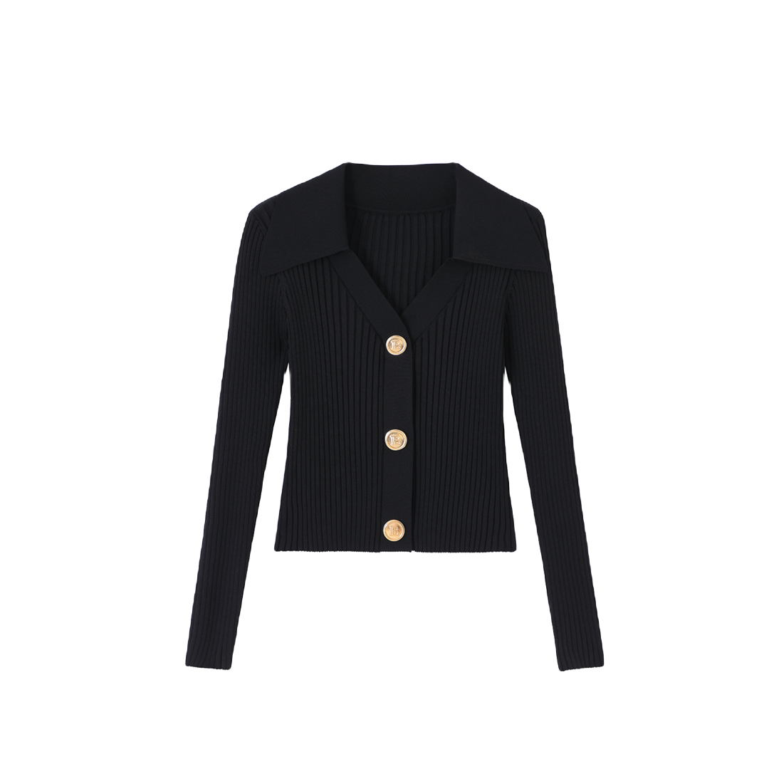 翻领轻奢显瘦v领长袖短款时尚百搭黑色修身秋季气质高腰D522