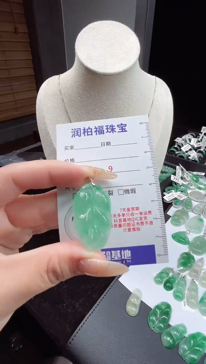 项链银S925镶嵌石英质玉（非洲翠）31.36叶子