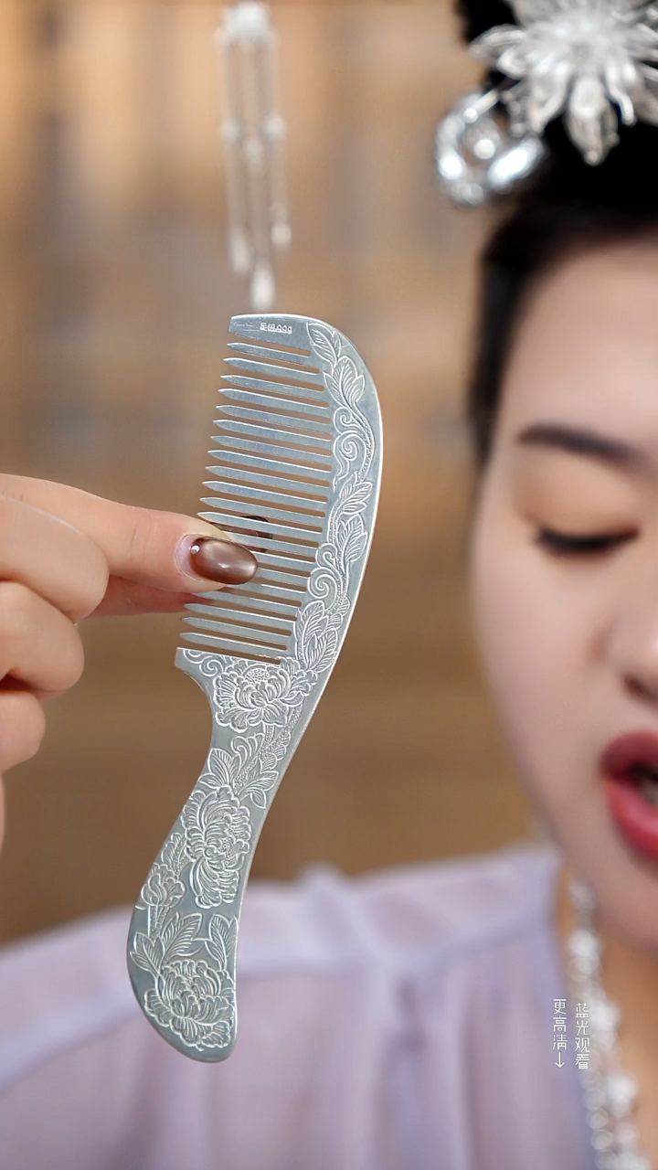 珐琅足银999牡丹花银梳子71