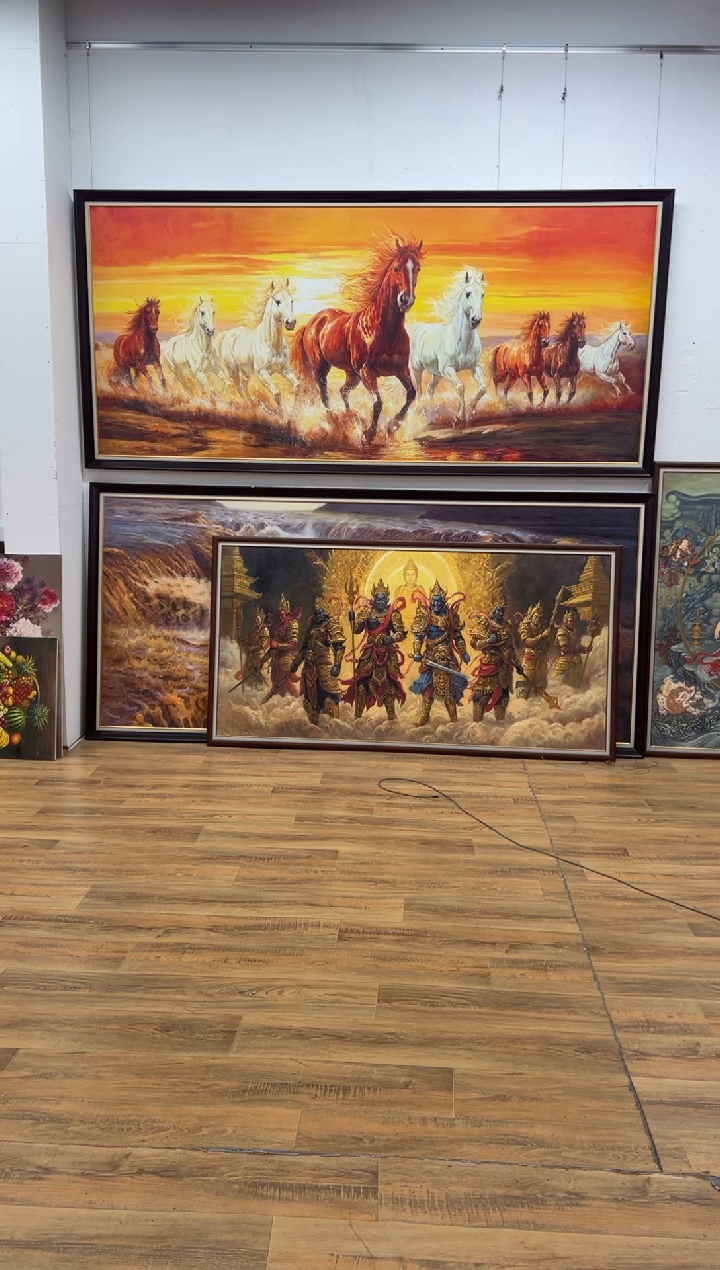 油画阿****?80*180八骏图马原创艺术油画茶室背景版画高级挂画