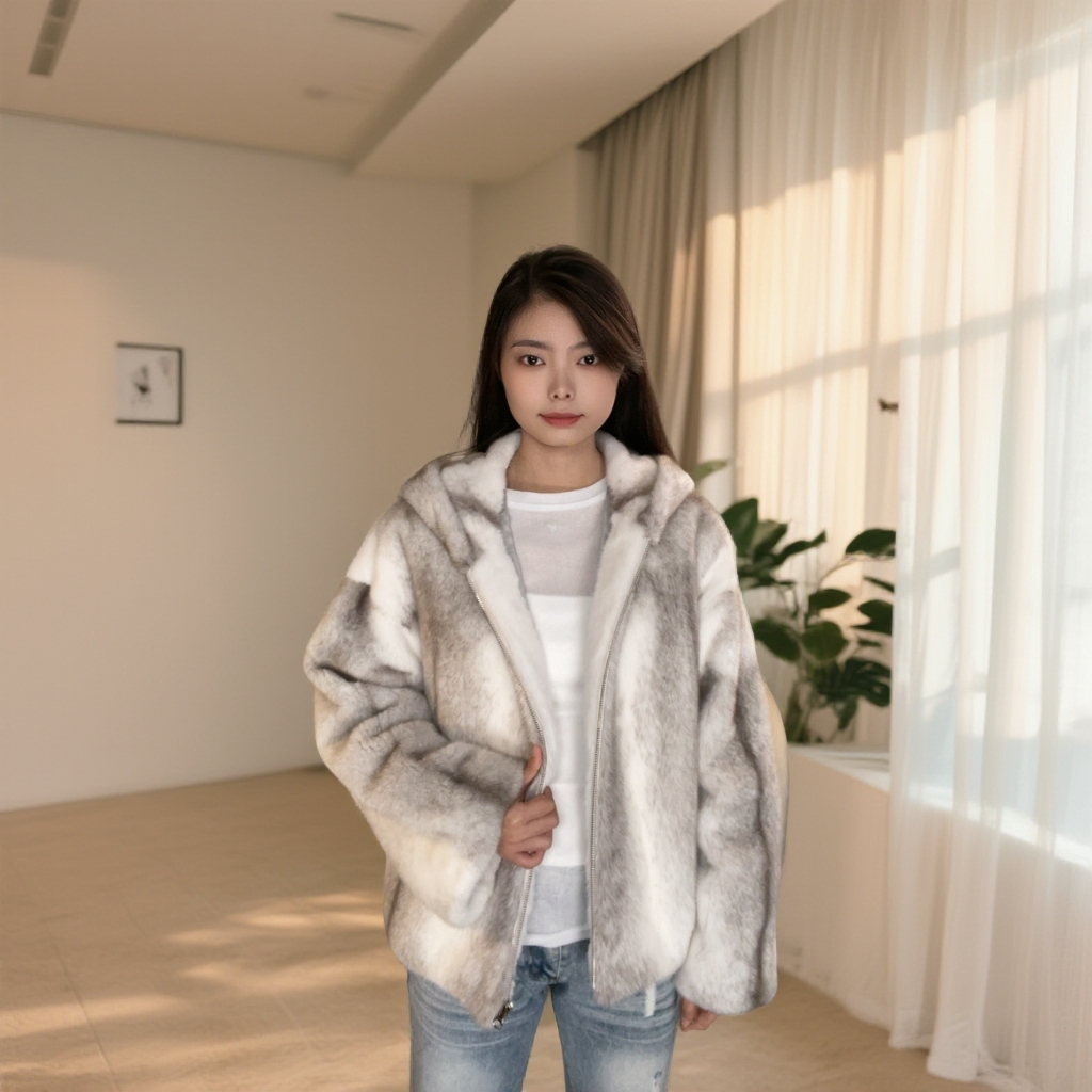 毕诗恋 银十字短款连帽拉链款进口紫金短二小母貂皮草外套