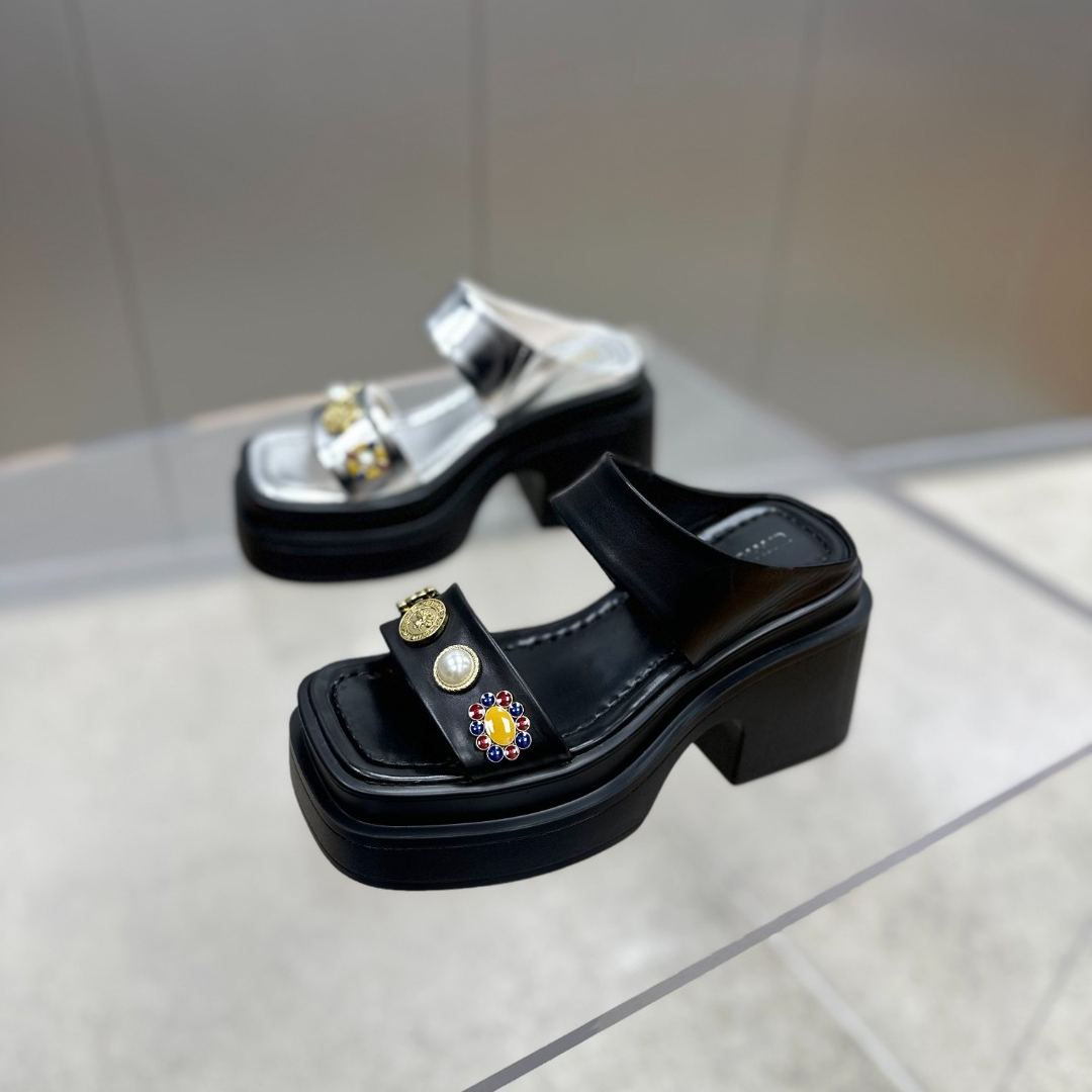 【左右华菲】9cm欧货真皮厚底凉拖鞋2025夏季露趾百搭外穿高跟半拖