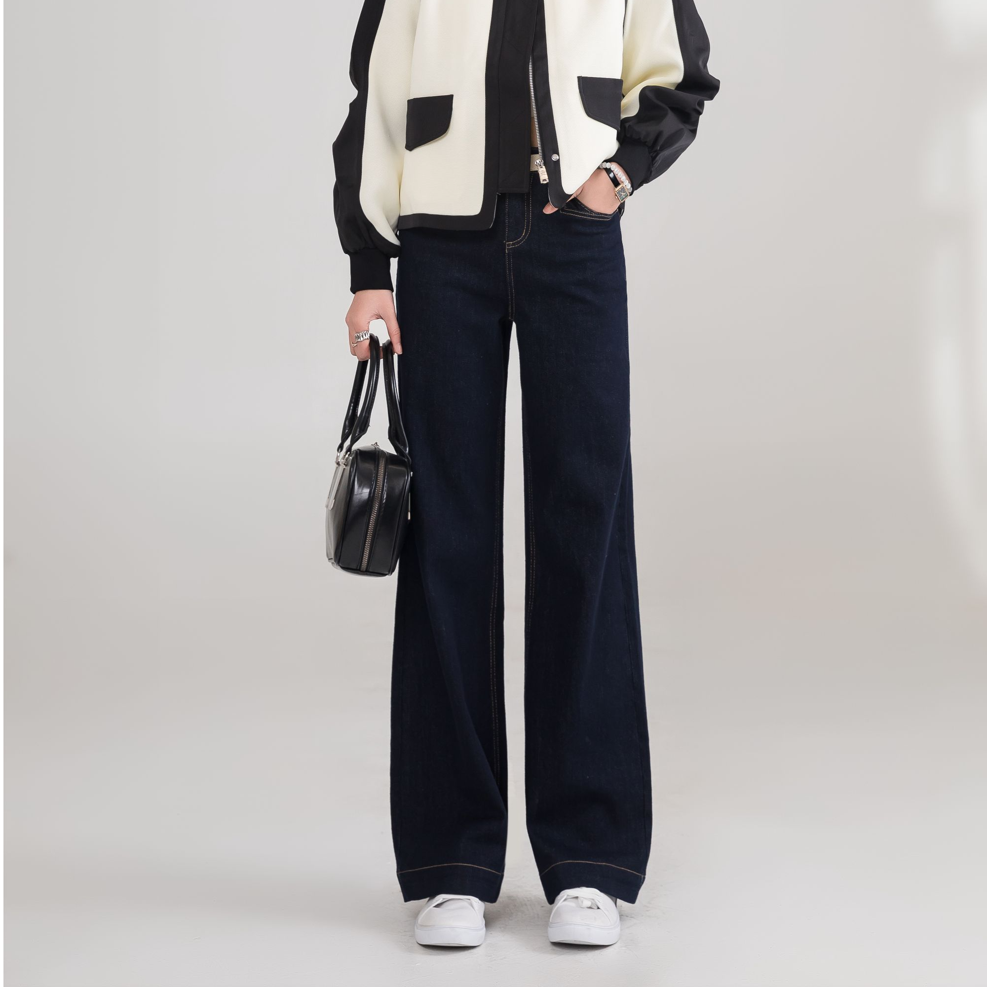 蓝色复古中腰牛仔裤女2025春装新款时尚休闲条纹直筒复古N7001-16