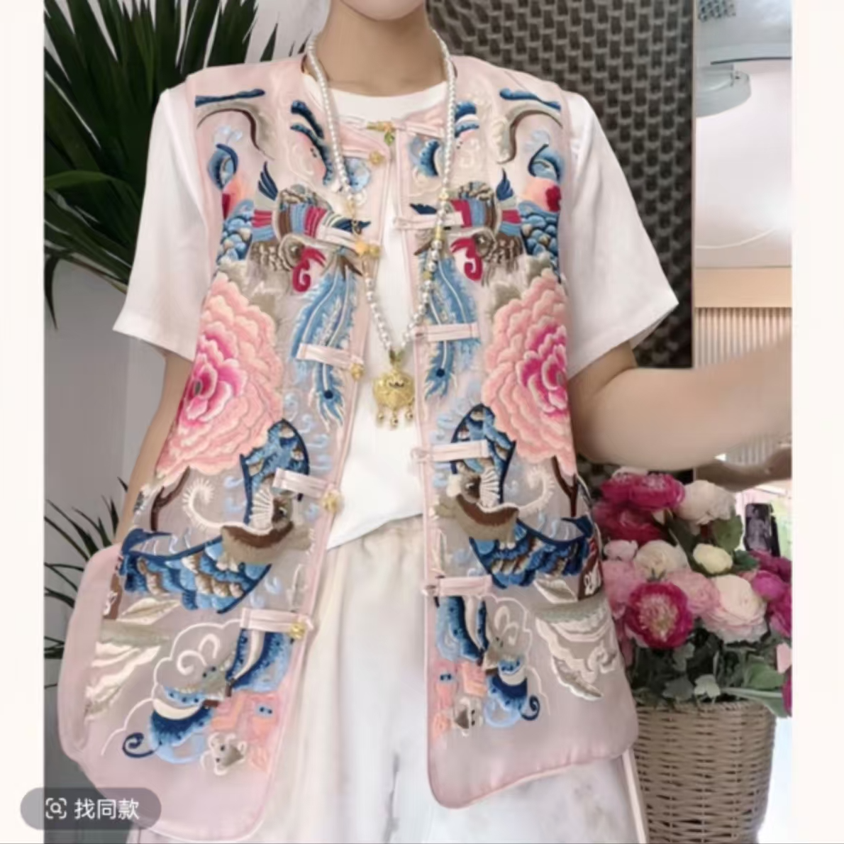 （牡丹）夏季新中式国风圆领重工刺绣马甲女时尚气质复古薄款纱马夹