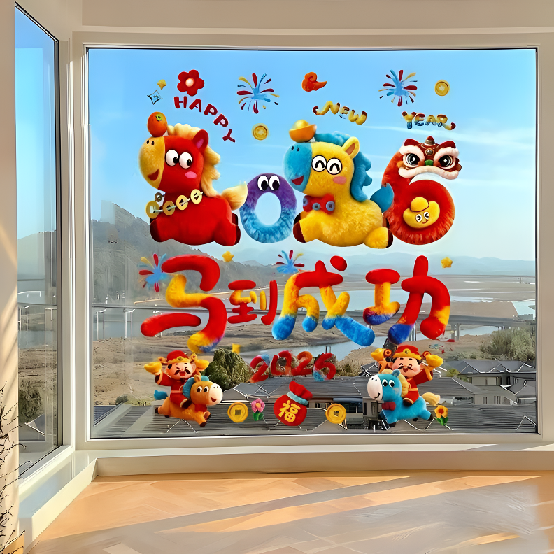 新款马年窗贴5D可爱小马静电贴橱窗玻璃装饰品过年布置装饰墙挂件