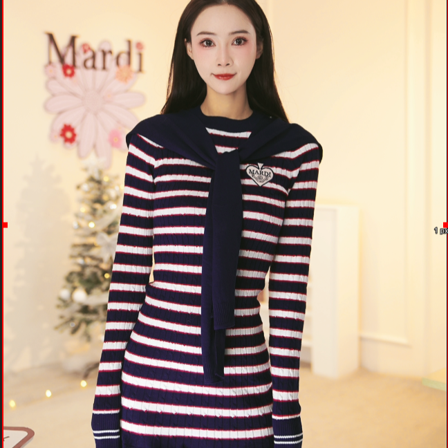 Mardi【月裁】秋冬新款小雏菊刺绣翻领时尚高腰长袖女装针织连衣裙