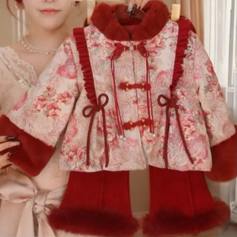 1638红色秋冬新款民族风加绒厚款套装小女孩红色中国风汉服拜年服