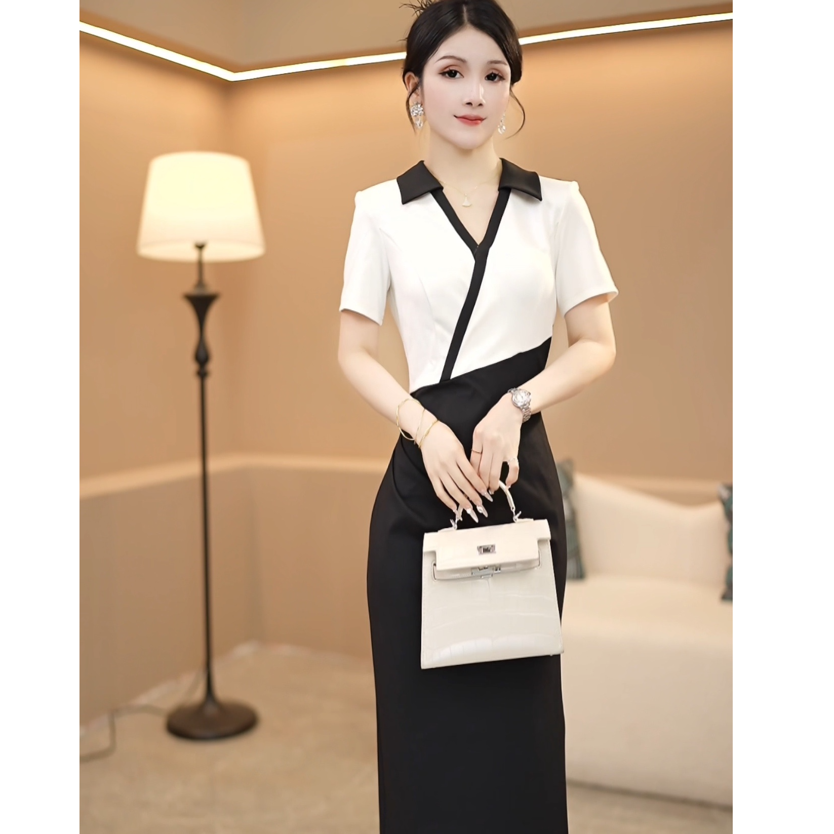 夏季新款名媛女神范轻熟修身时尚气质显瘦拼接连衣裙