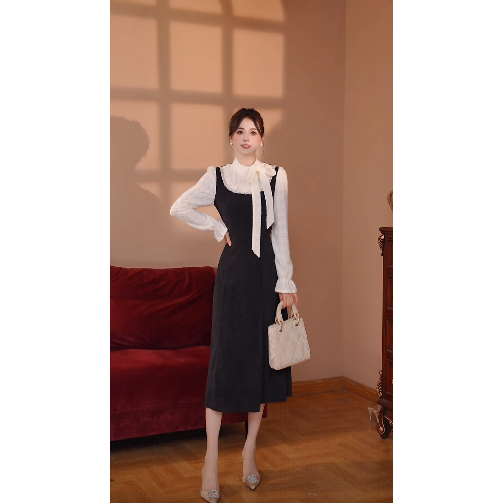 【瑞瑞定制】蕾丝拼接长袖连衣裙女冬季巨好看长裙D4193