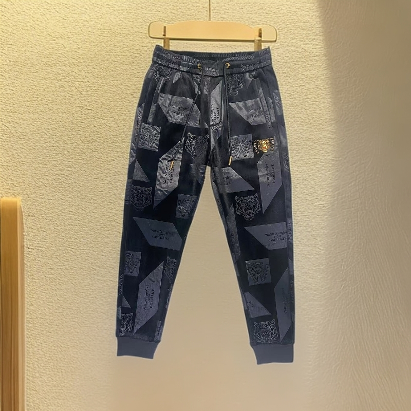 男士休闲裤冬季加绒加厚黑色时尚百搭老虎头潮流舒适弹力修身裤子