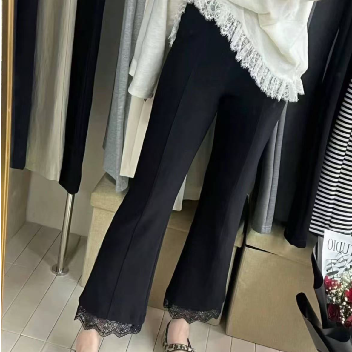 B08春夏季【八千万大码女装】黑色微喇叭显瘦九分裤