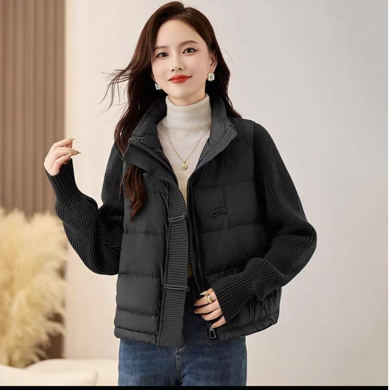 7482-立领国风盘扣毛线袖拼接（黑色）羽绒服
