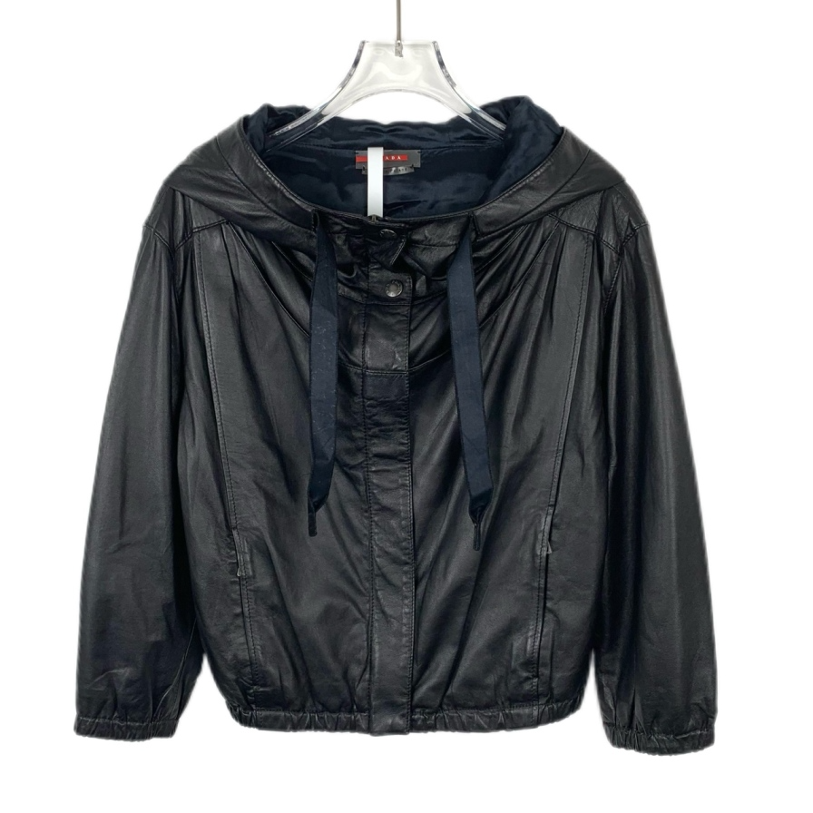 95新 Prada/普拉达 016403  皮革连帽拉链夹克外套 40 M码