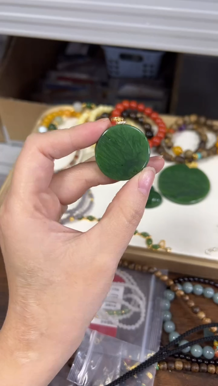 项链银S925镶嵌和田玉和田玉碧玉圆满牌银镶嵌吊坠[477]