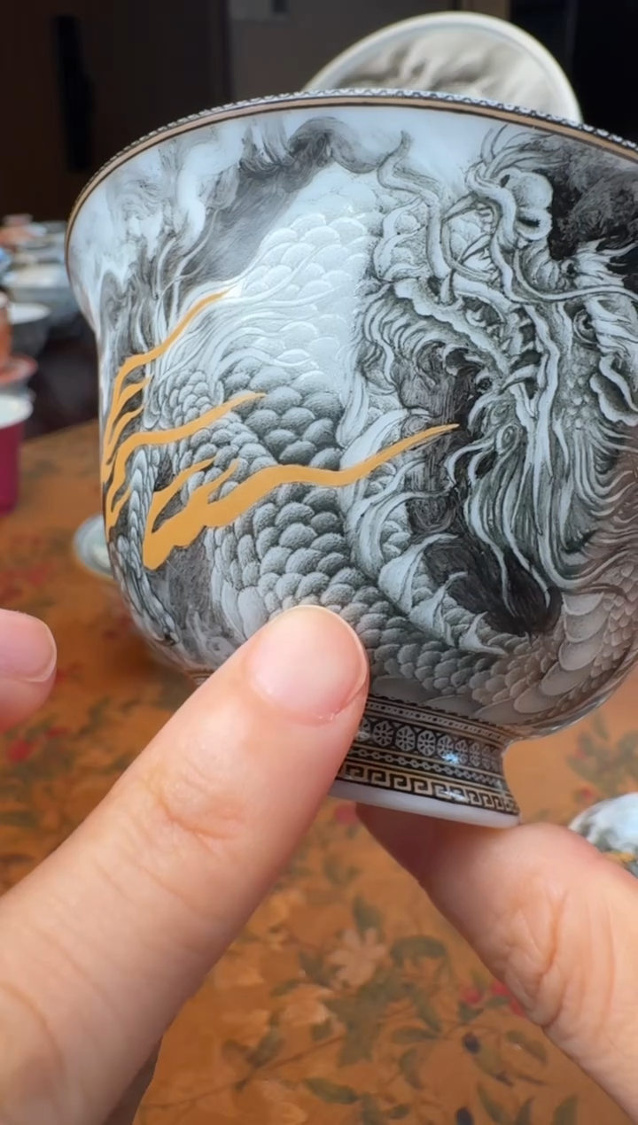 小*手绘顶工墨彩龙盖碗（勿拍）