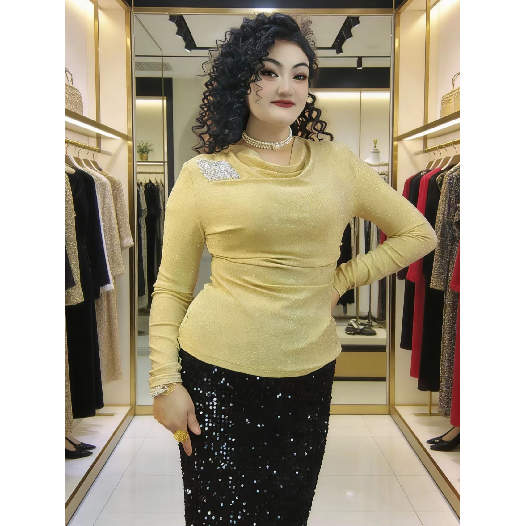 长袖镂空斜领圆领插肩袖蕾丝T恤针织修身时尚