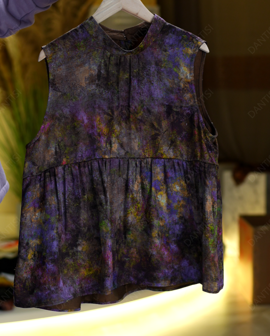 羲花《非遗美学》2239国风复古印花减龄显瘦无袖上衣