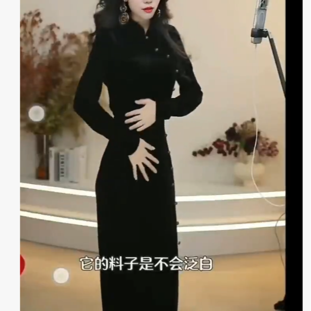 秋冬新款新中式长款修身显瘦气质开叉黑色复古连衣裙FJ122365