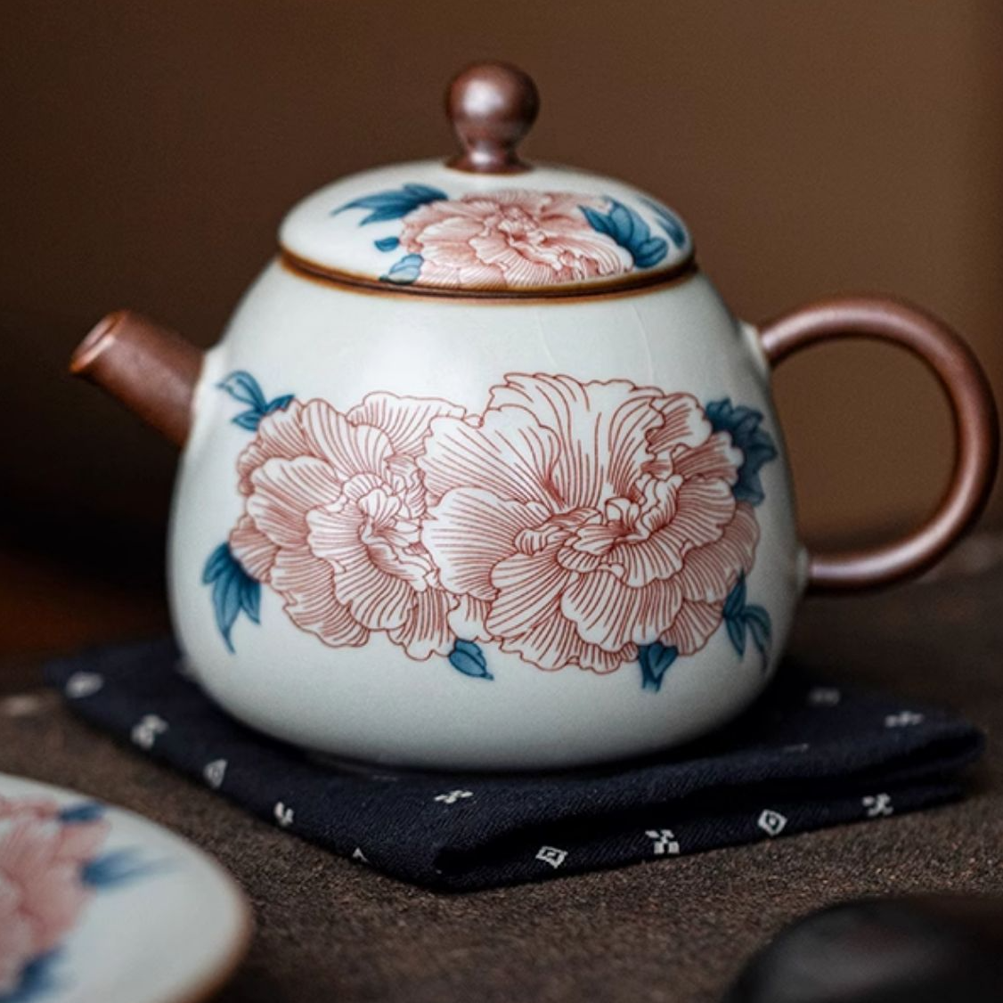 亘古 汝窑芙蓉花西施壶家用泡茶焖茶壶隔热壶承陶瓷茶具茶壶