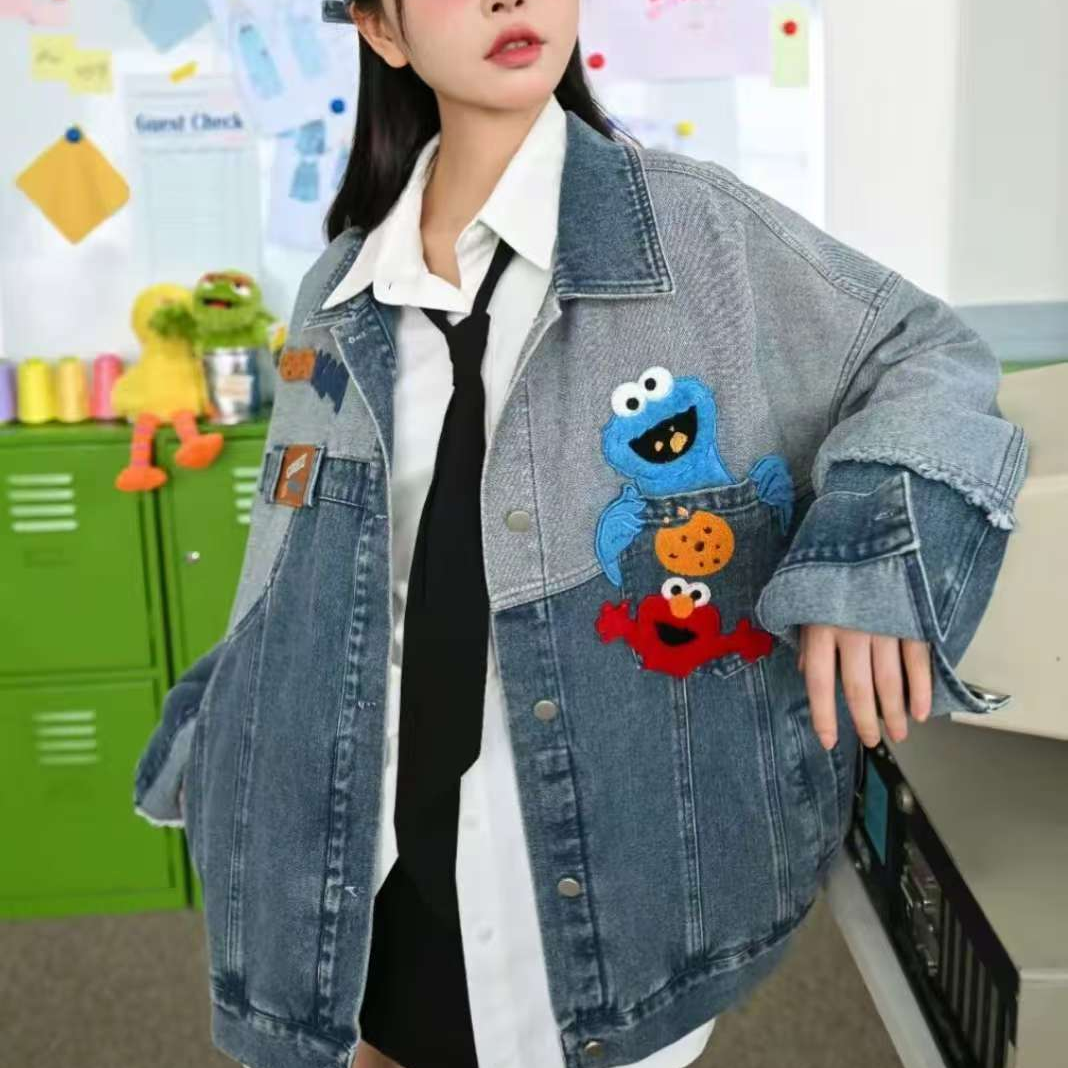 宽松型减龄散口袖翻领不对称夹克亲子外套卡通春季