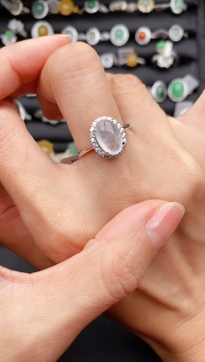 【闪购商品】翡翠戒指银S925镶嵌缅甸天然A货翡翠444   5-2