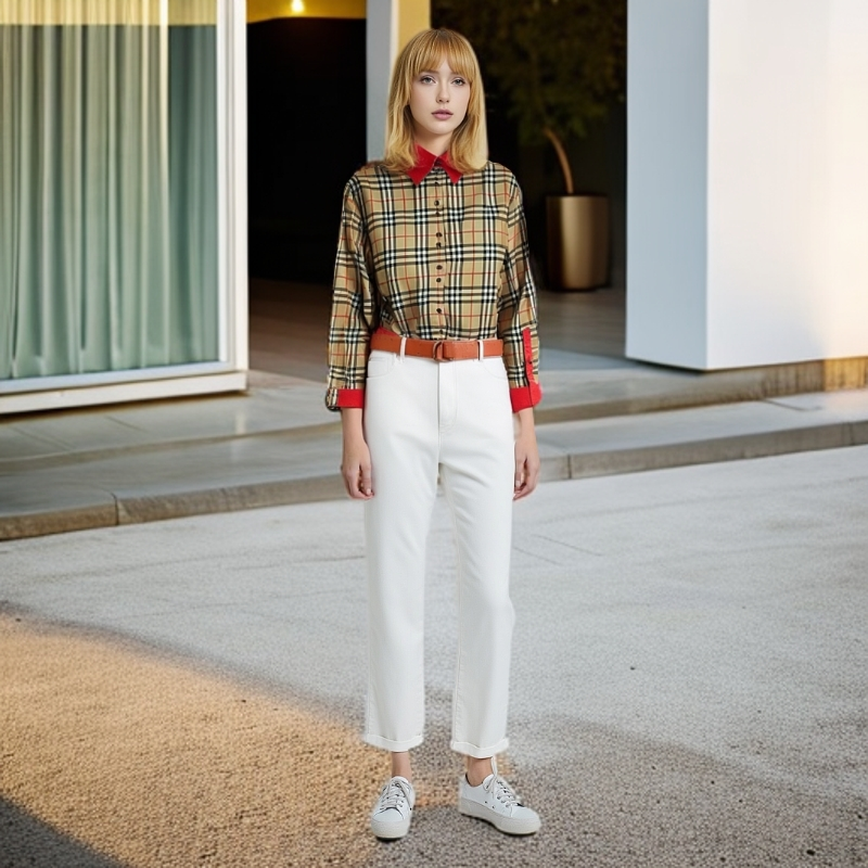 99新 BURBERRY/博柏利 11096257格纹领子拼接女款衬衫卡其色 UK10