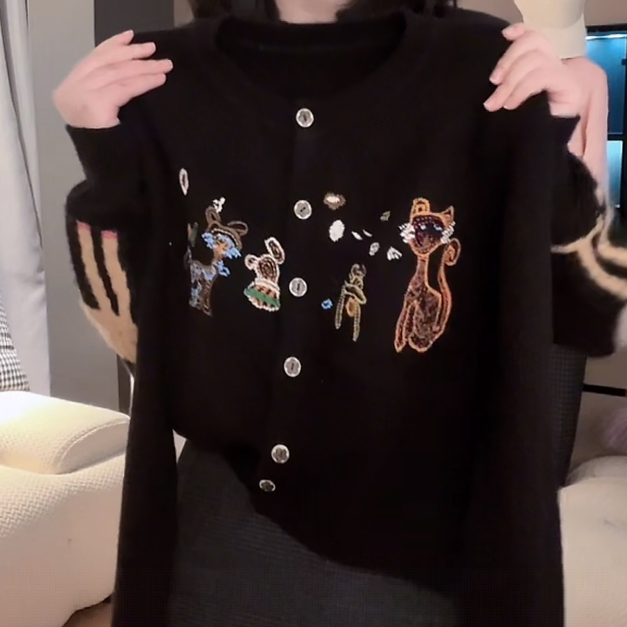 【小猫开衫】复古提花高级设计师长袖针织开衫秋冬2025新款圆领毛衣