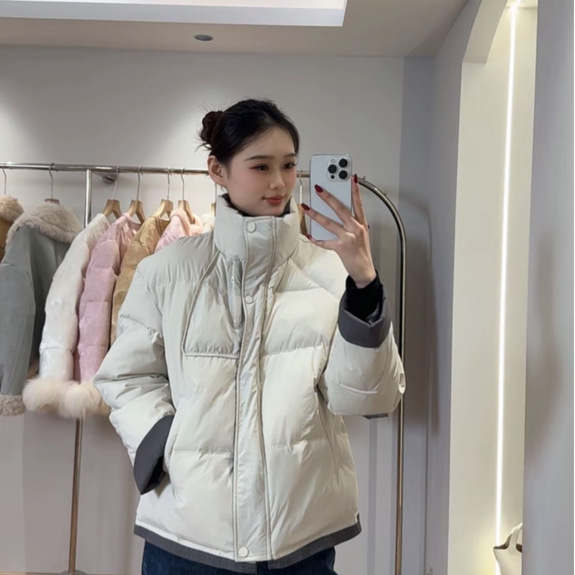 2025冬季新款韩版立领宽松加厚石墨烯云绒棉服女撞色拼接气质外套