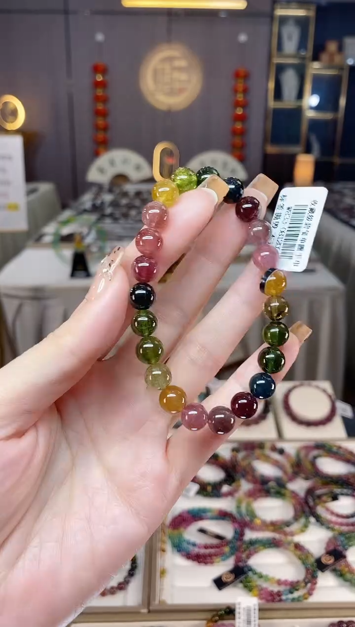 未镶嵌老矿碧玺色标彩虹单圈手串8mm+碧玺dan多样性发货一条