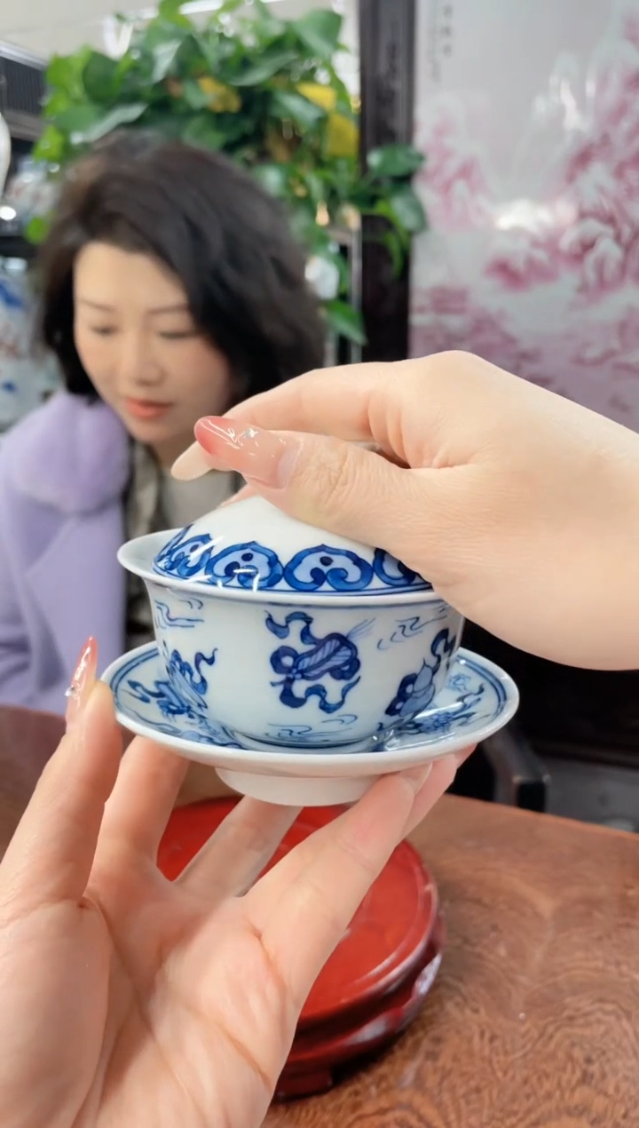 【闪购商品】039陶瓷供应链青花暗八仙画片三才盖碗