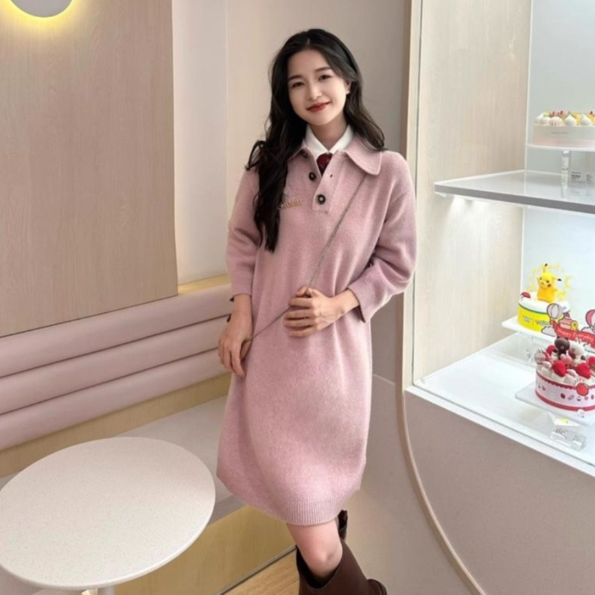 【AMSSGIRD】秋冬气质宽松百搭慵懒风翻领羊毛连衣裙1599030