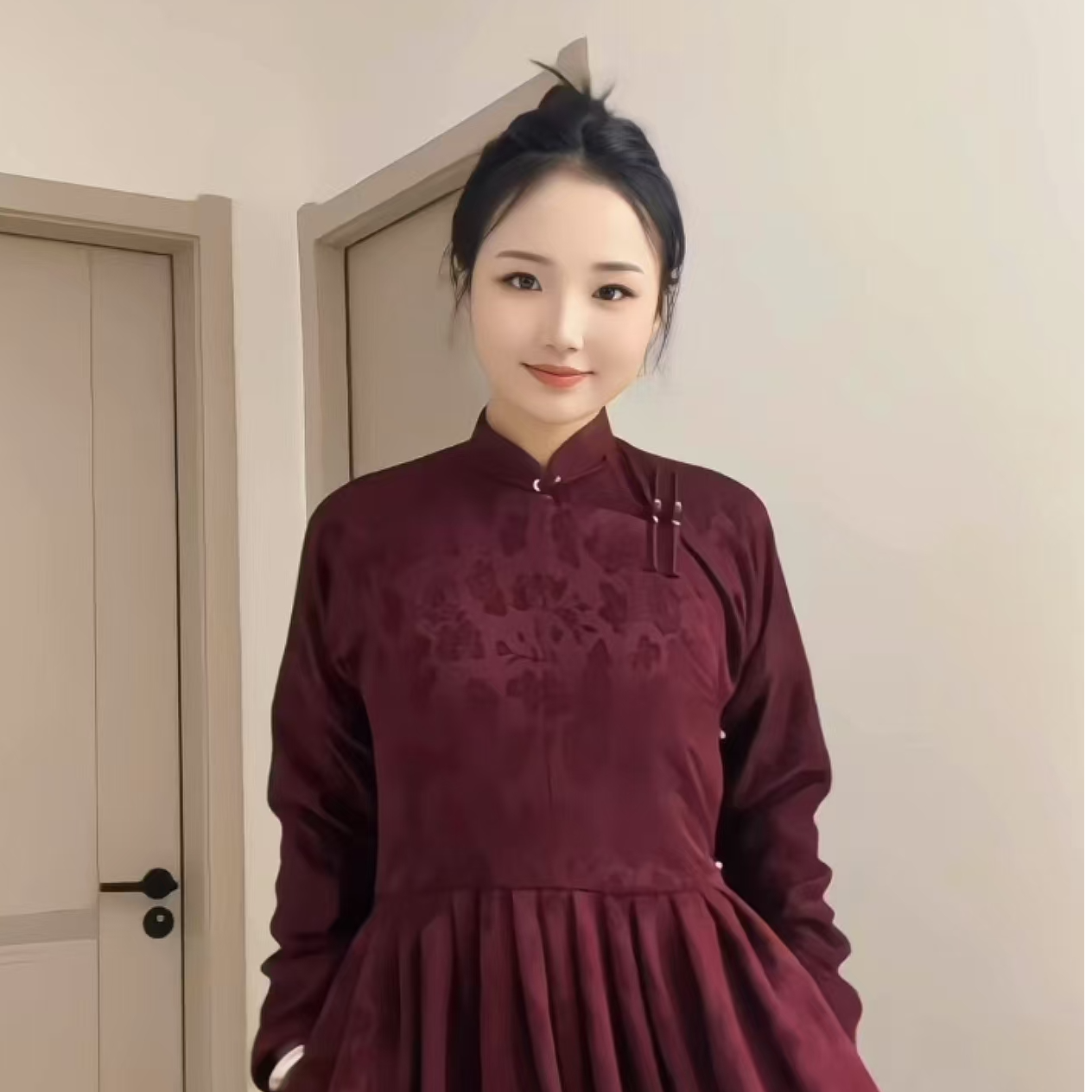 SodonGoyol秋冬季女款布里亚特风格连衣裙红色长袖女士复古文艺