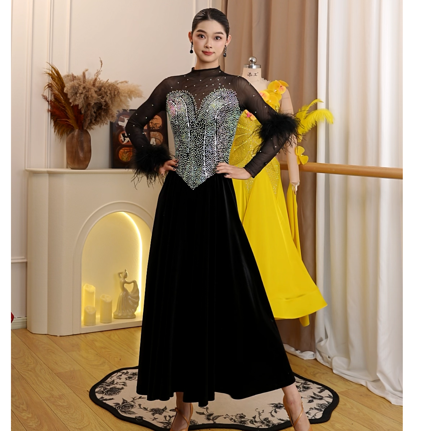 薇拉舞服满钻黑色驼鸟毛摩登国标连体裤LY-0163