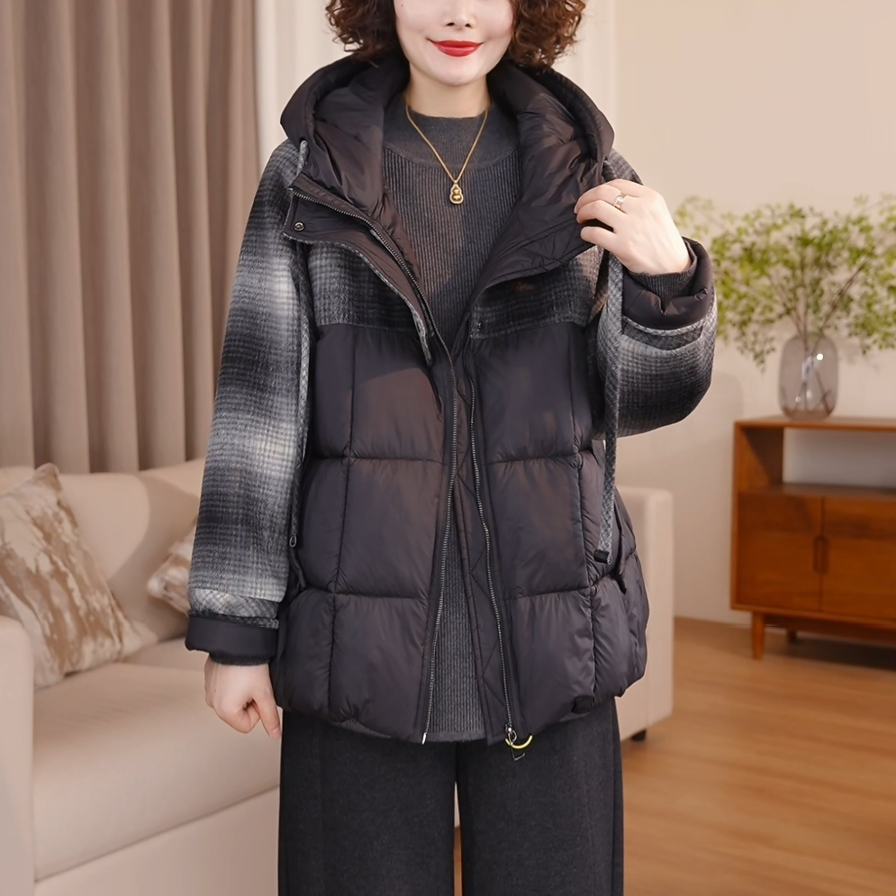 【定制】格子羊毛外套女冬季连帽大码宽松休闲冬装棉袄