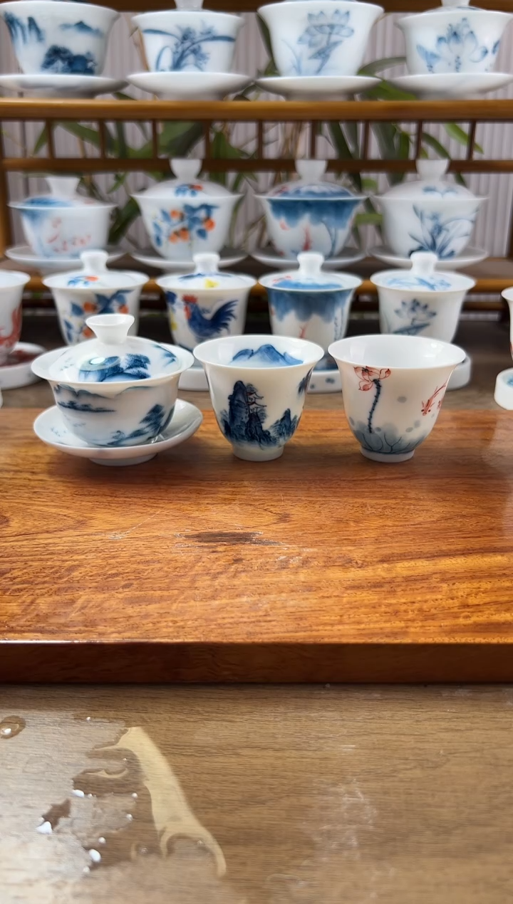 文*建全品寒江独钓80ml三才盖碗+闻香杯山水/线条莲各1个
