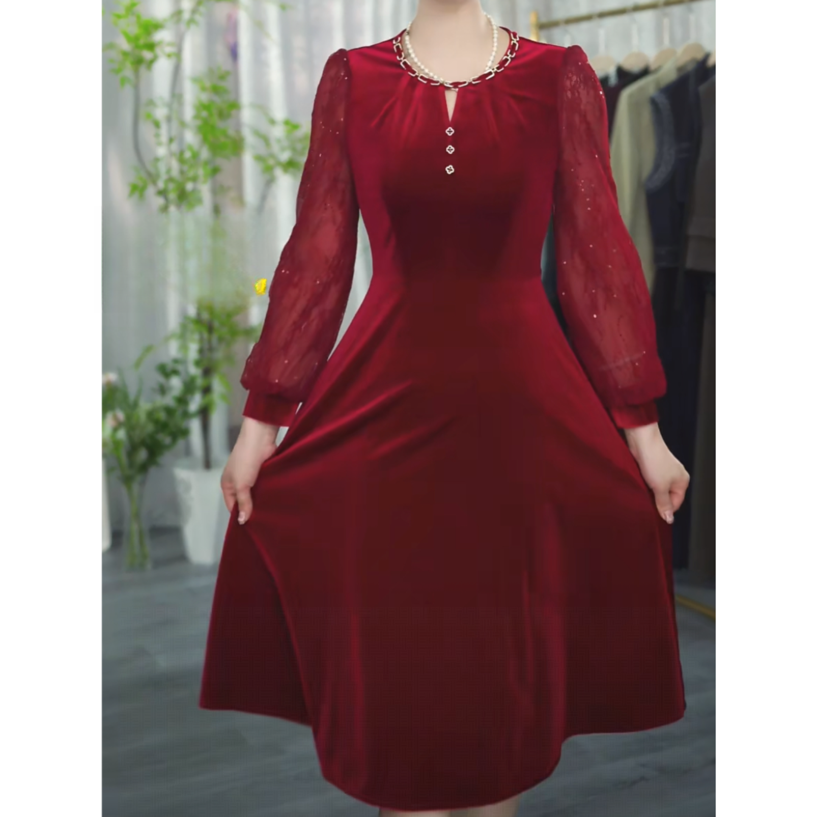 【SY154】2025时尚新款洋气婚宴妈妈内搭打底酒红色连衣裙春秋