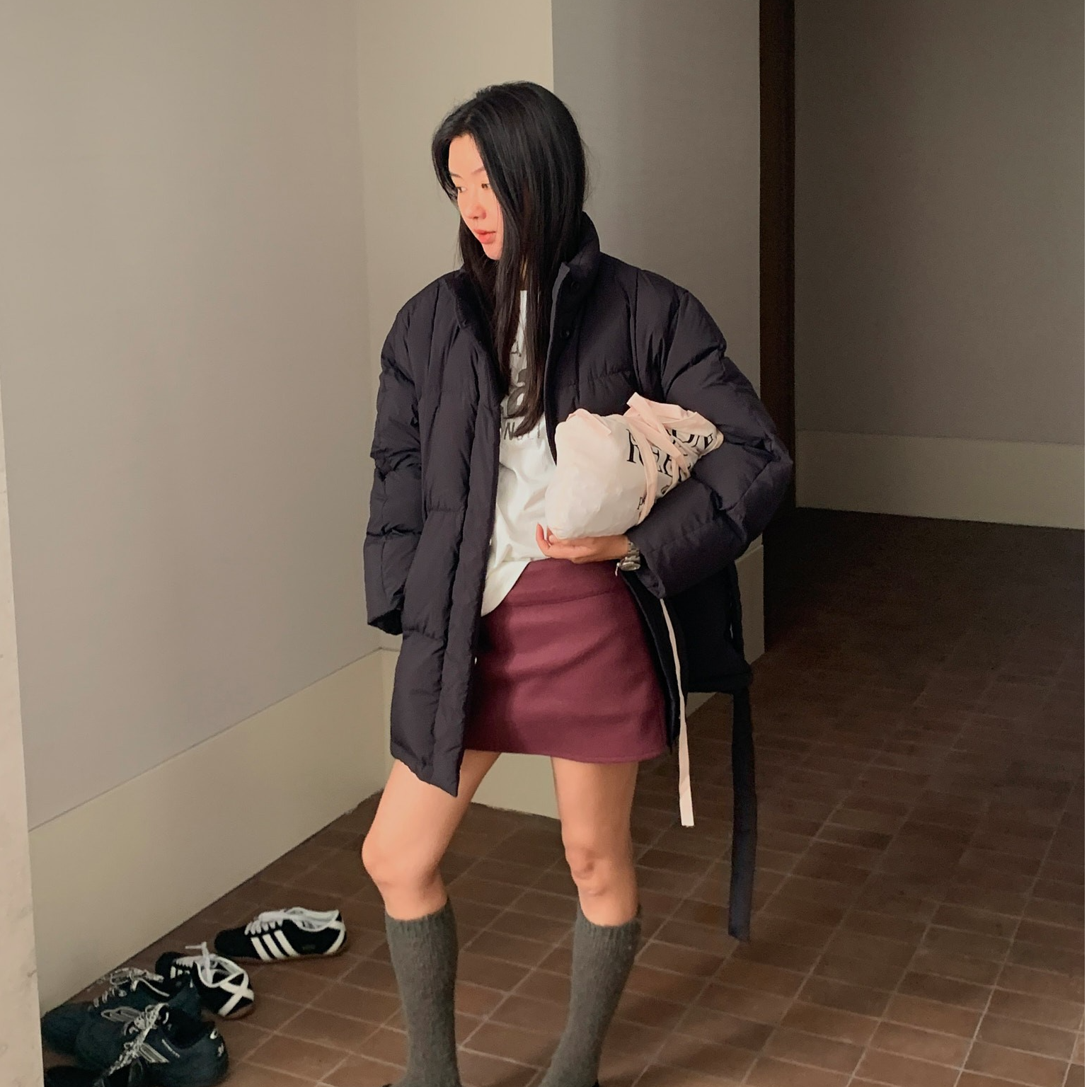 简约气质腰带立领羽绒服外套