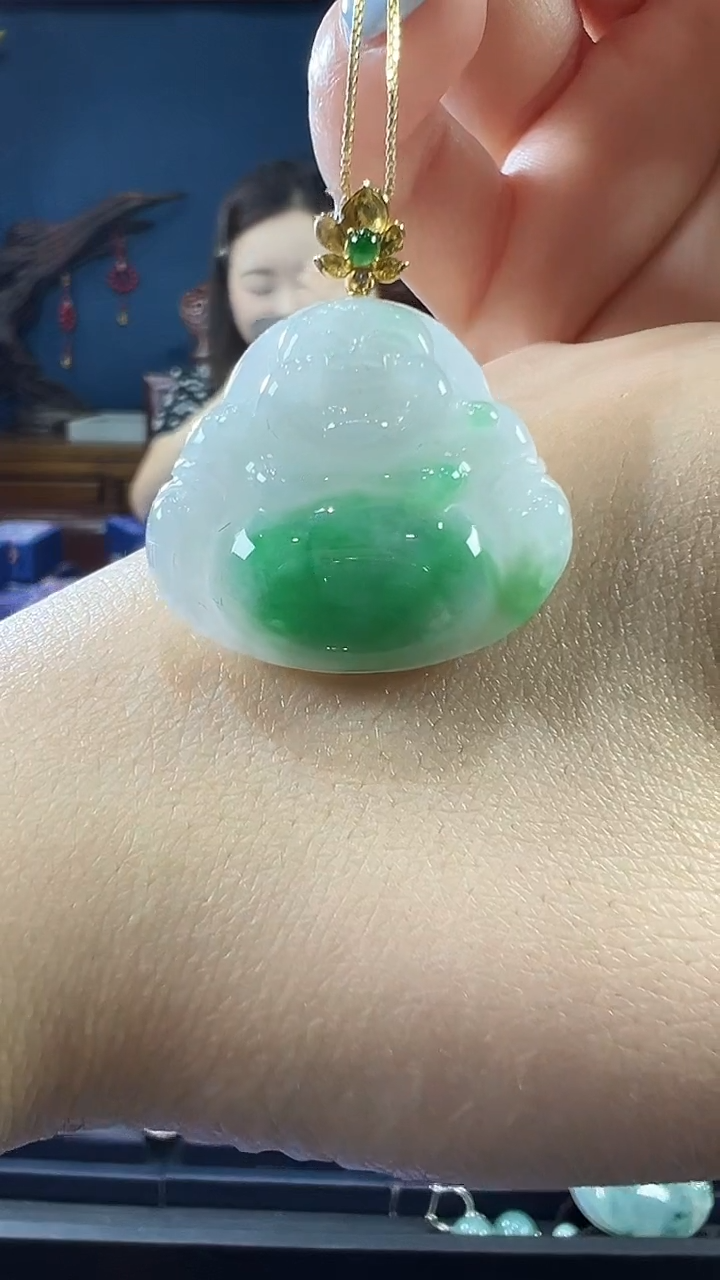 翡翠挂件18K金镶嵌佛公 不含链